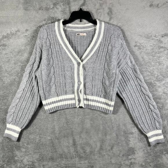 Sonoma Women's S Cardigan‎ Sweater Cropped Grey White Button Cable Knit - Picture 1 of 5